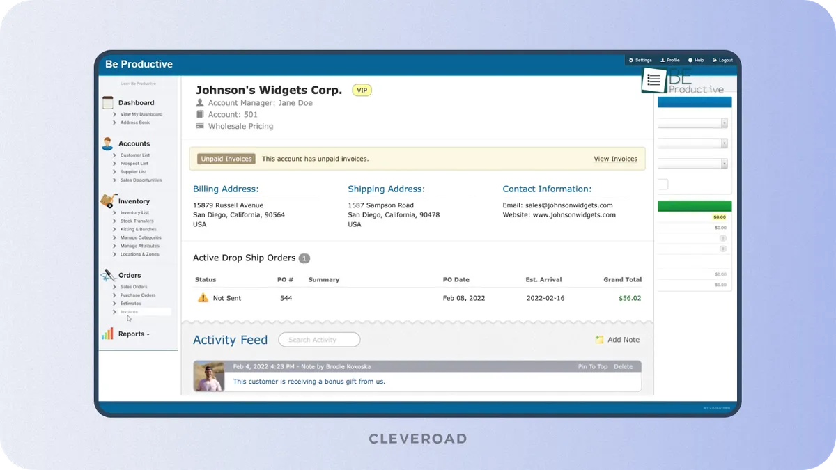 Order management feature within developing inventory management system